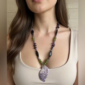 Lepidolite Pendant Necklace with Amethyst and glass beads.